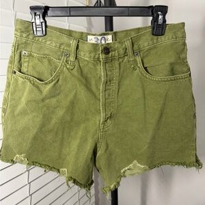 We The Free Olive Green Distressed High-Rise Denim Shorts